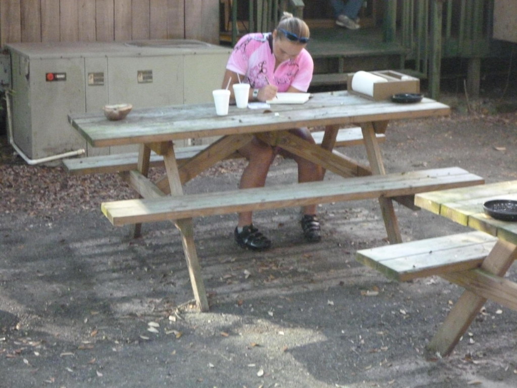 Jocelyn writing in her journal before breakfast. 