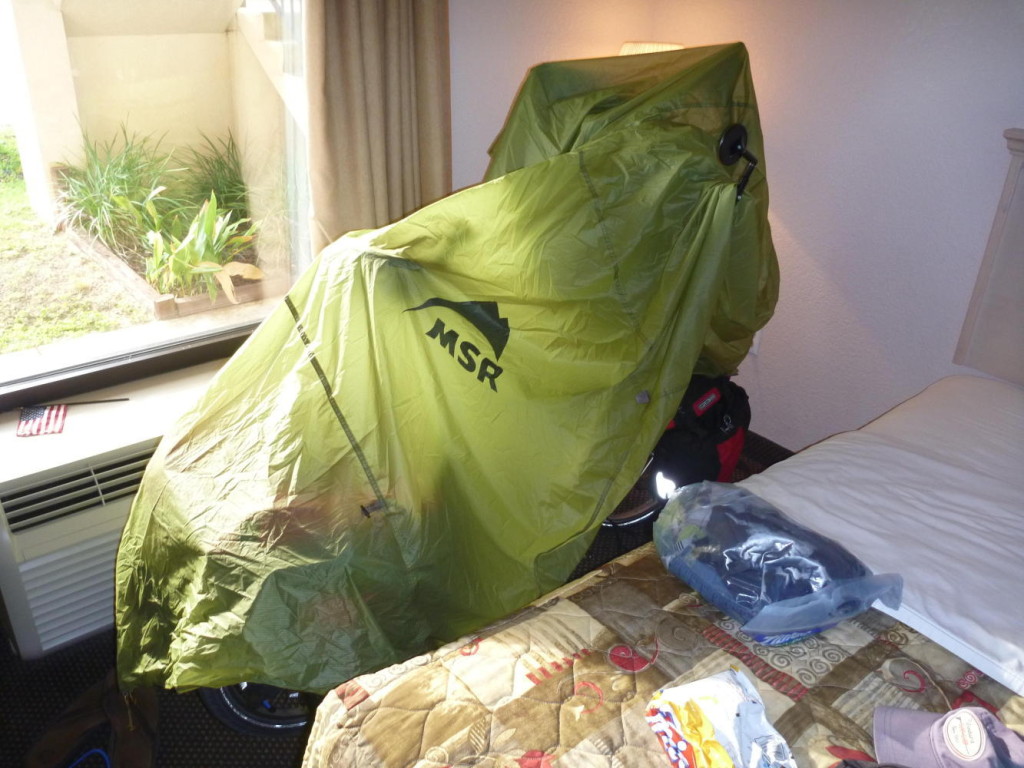 Drying out the tent stuff. I wonder if some of these motels saw our mess would they charge us more. 