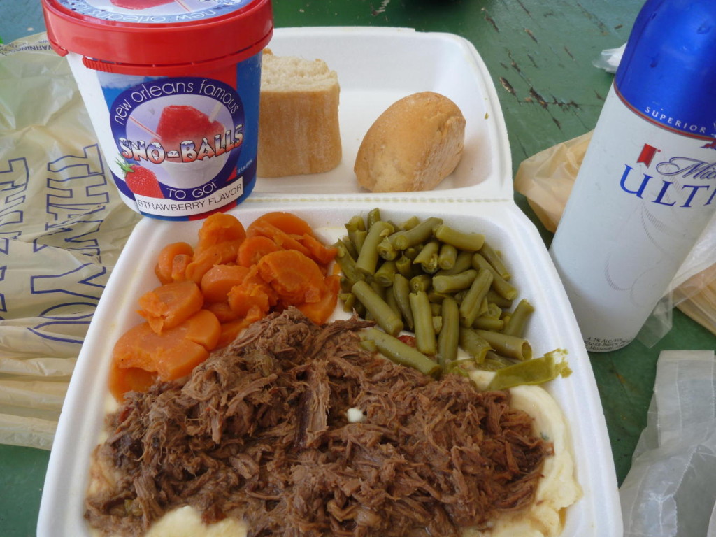 Pulled pork over mashed taters and carrots and beans. We split this excellent $7 lunch plate at a nearby park. 