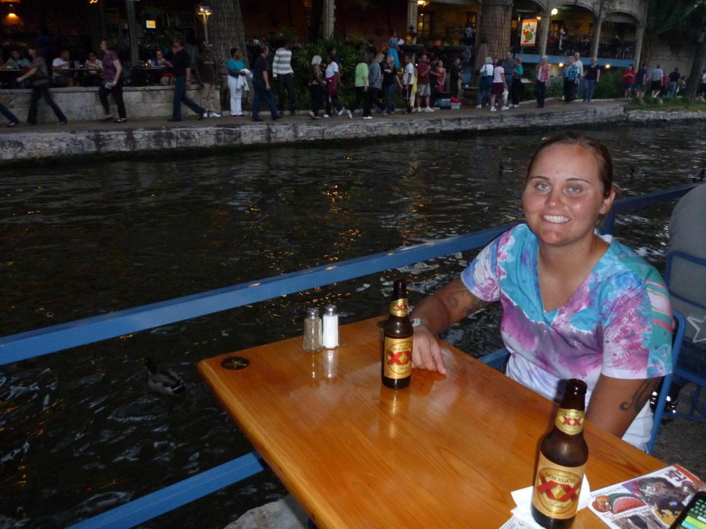 Friday night on the river with a Dos Equis Amber while waiting for our El Grande Mexican plate. 