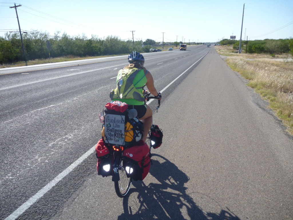 Riding into Del Rio. The last 10 miles had smooth shoulders! Chip-seal on the road.