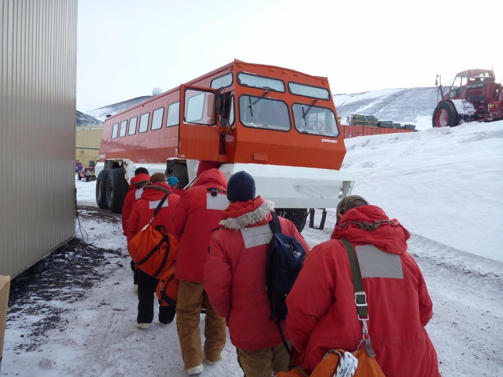 Boarding Ivan the Terra Bus for a ride to the sea ice runway. 