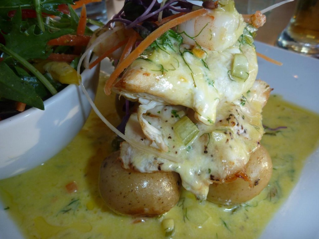 Grouper and shrimp over potatoes. 