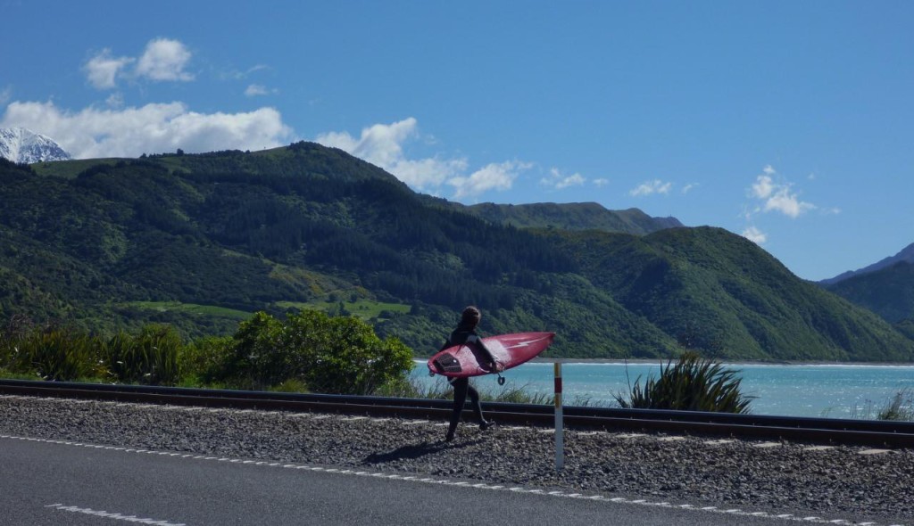 We talked with a Japanese couple who rented a camper for 40 days and are driving around New Zealand surfing. They said they were having a blast. The waves were up but the offshore wind would make it extremely difficult to drop in. 
