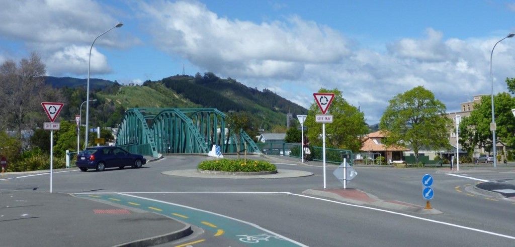 A typical roundabout with "Give Ways". We haven't seen many stop signs or lights. They work well with traffic flow. 
