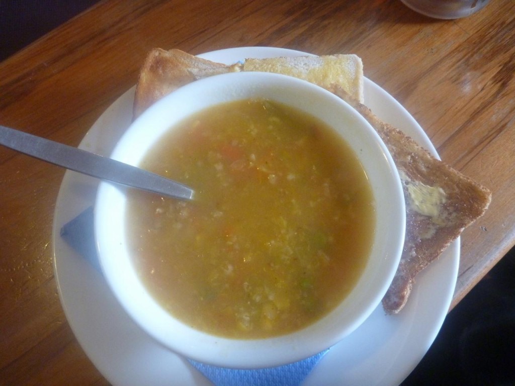 Just what we needed...a bowl of hot homemade vegetable soup with toast. Just to let you know how expensive it is here we had two pints and two soups. The total was $39 NZ or about $32 US. 