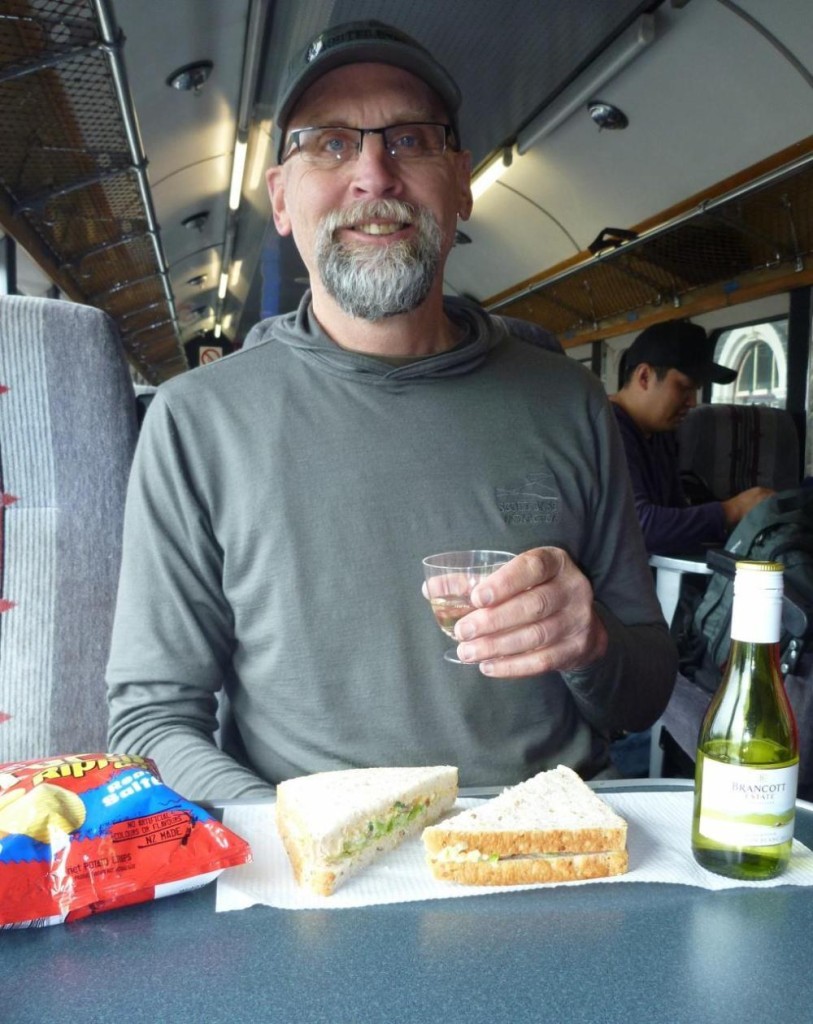 Breakfast on the train - chips, wine, and an egg salad sandwich. 