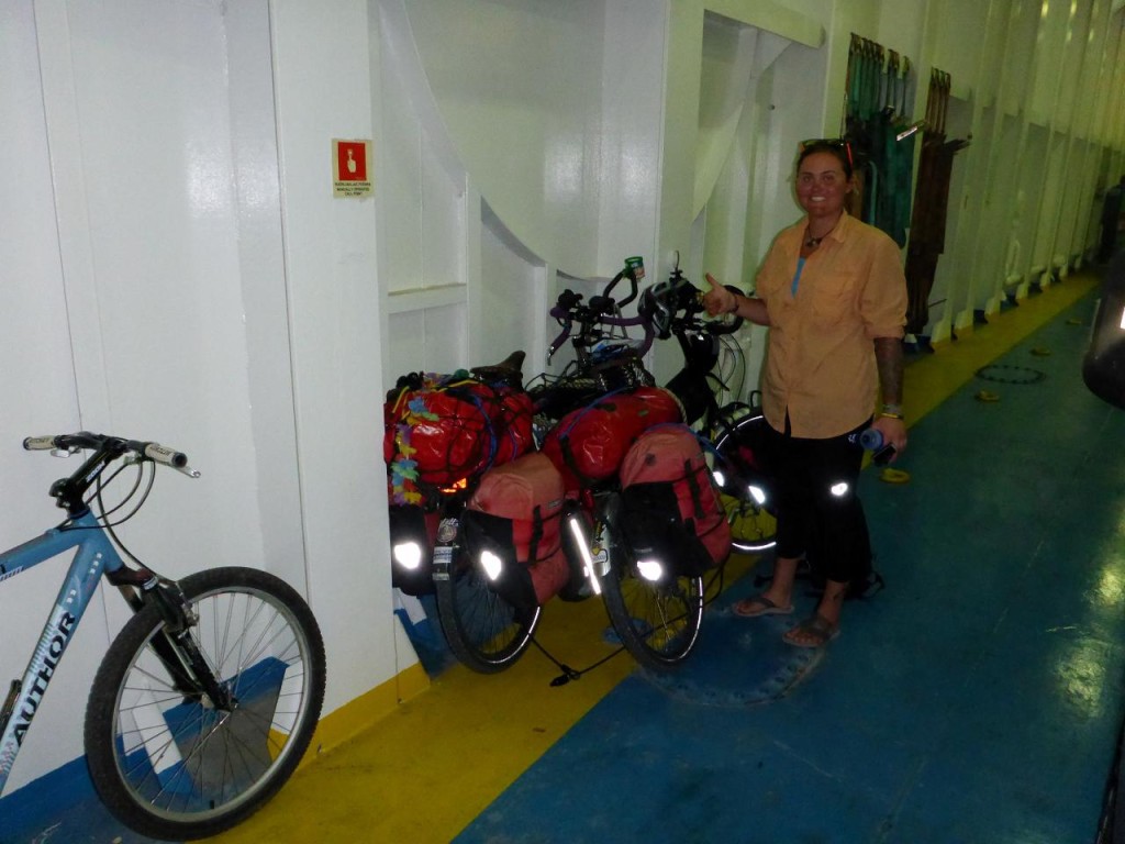Securing our bikes on the ferry. 