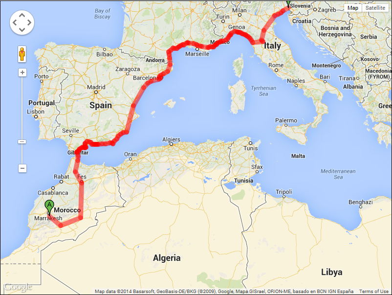 Our route to April 16, 2014. Includes a car ride for 200 miles (Morocco) and two train rides for 160 miles (Spain) and 140 (Italy) miles. Bicycle miles = 1,874 