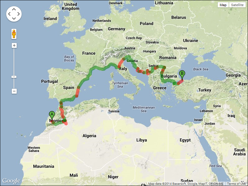 Bicycle (green): 3,275 miles Other transportation(red)car,bus,train,ferry): 878 miles Total miles: 4,153 miles 107 days  