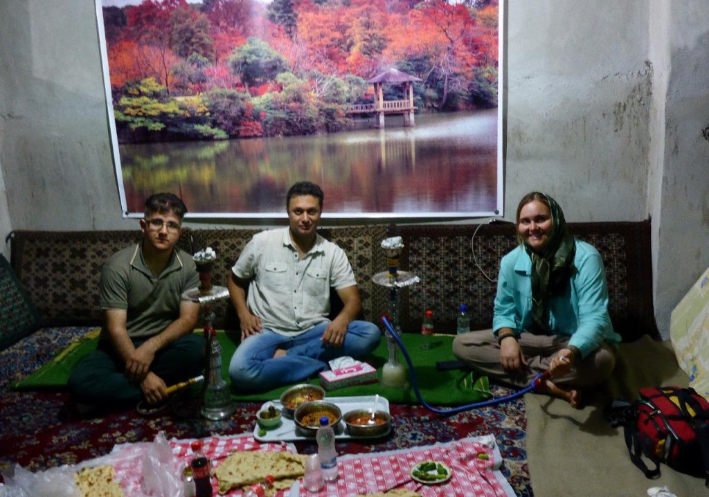 Our first dinner in Iran was also our campsite. Afshin, Ehsan and Jocelyn. 