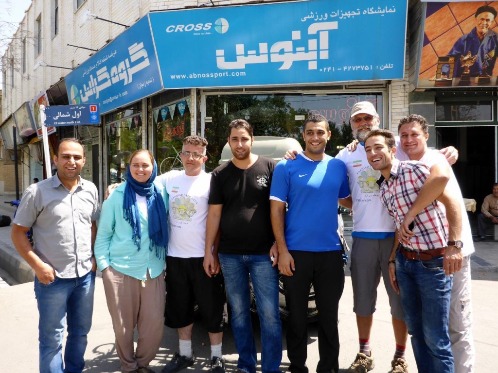 Outside Farhad's shop. 4th and 5th from the left are members of the Iranian National water polo team. Farhad's shop is a sports hangout place. 