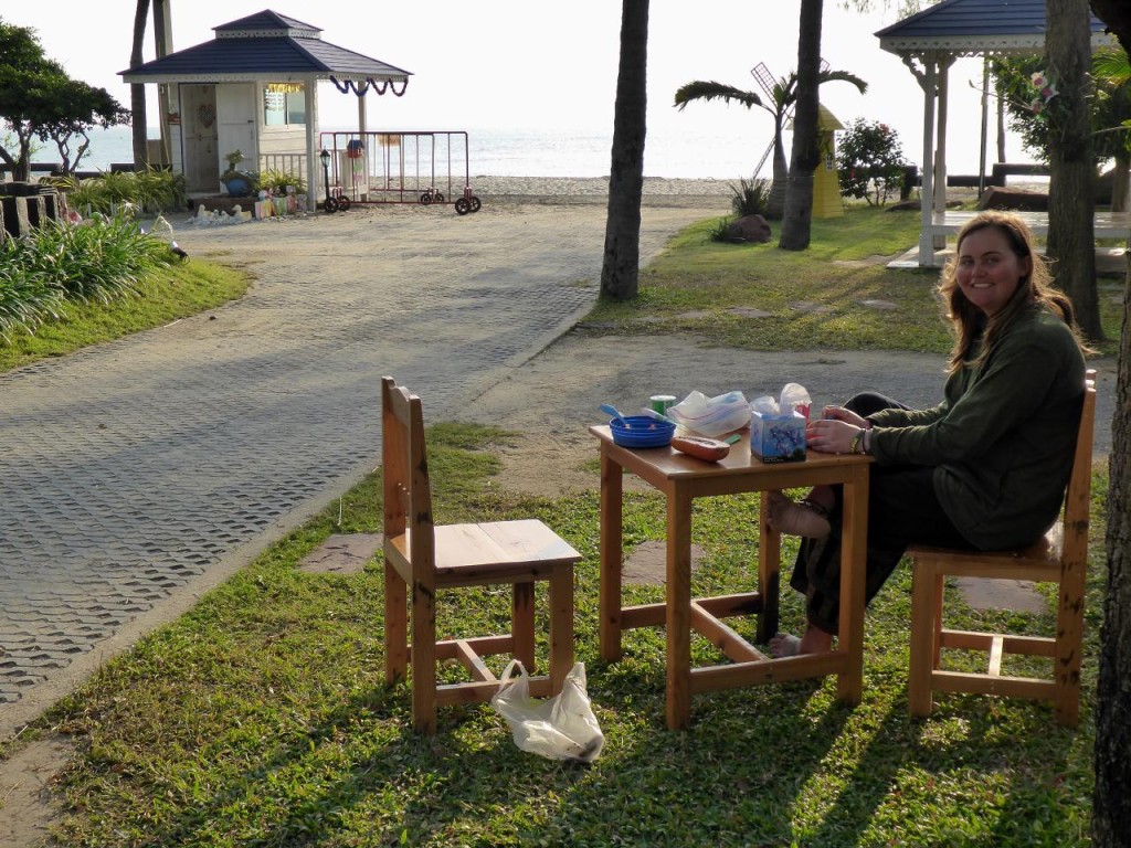 Breakfast on the beach from our bungalow in Cha Beach, Thailand. 
