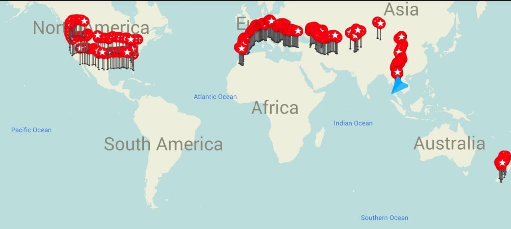Jocelyn mapped our world tour thus far and added her Transamerica trip along with her other solo trips. The gaps in Asia are from 2,200 train miles in China across the Gobi Desert. We train toured for the first 1 1/2 weeks in China then cycled the rest of the 30 days allocated to us. 