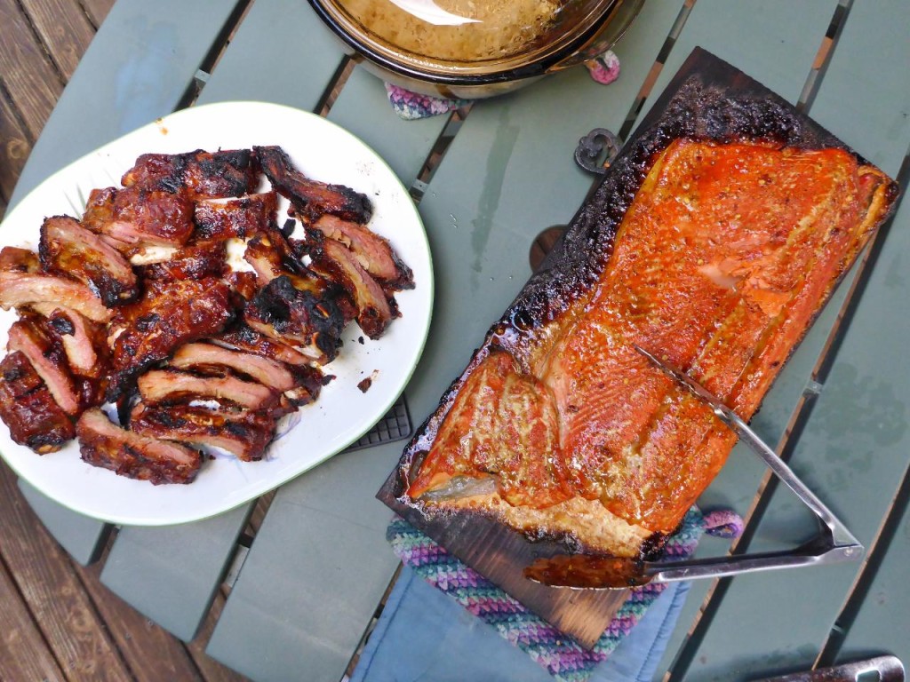 Delicious ribs and plank salmon. 
