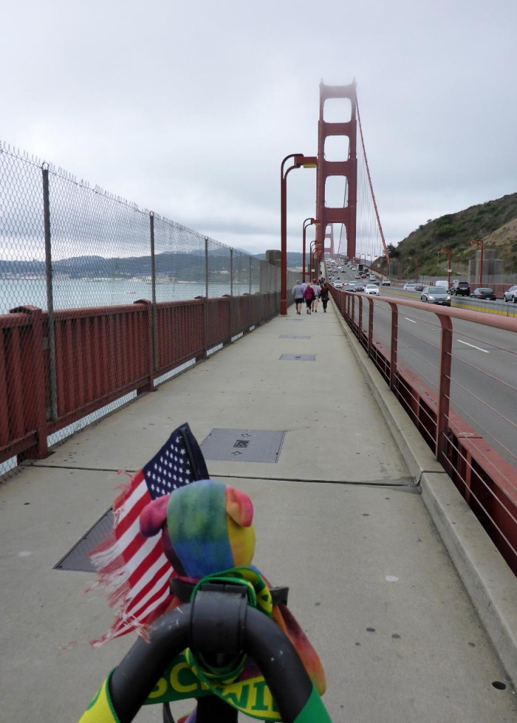 Jocelyn and Nicole crossing the Golden Gate Bridge. 