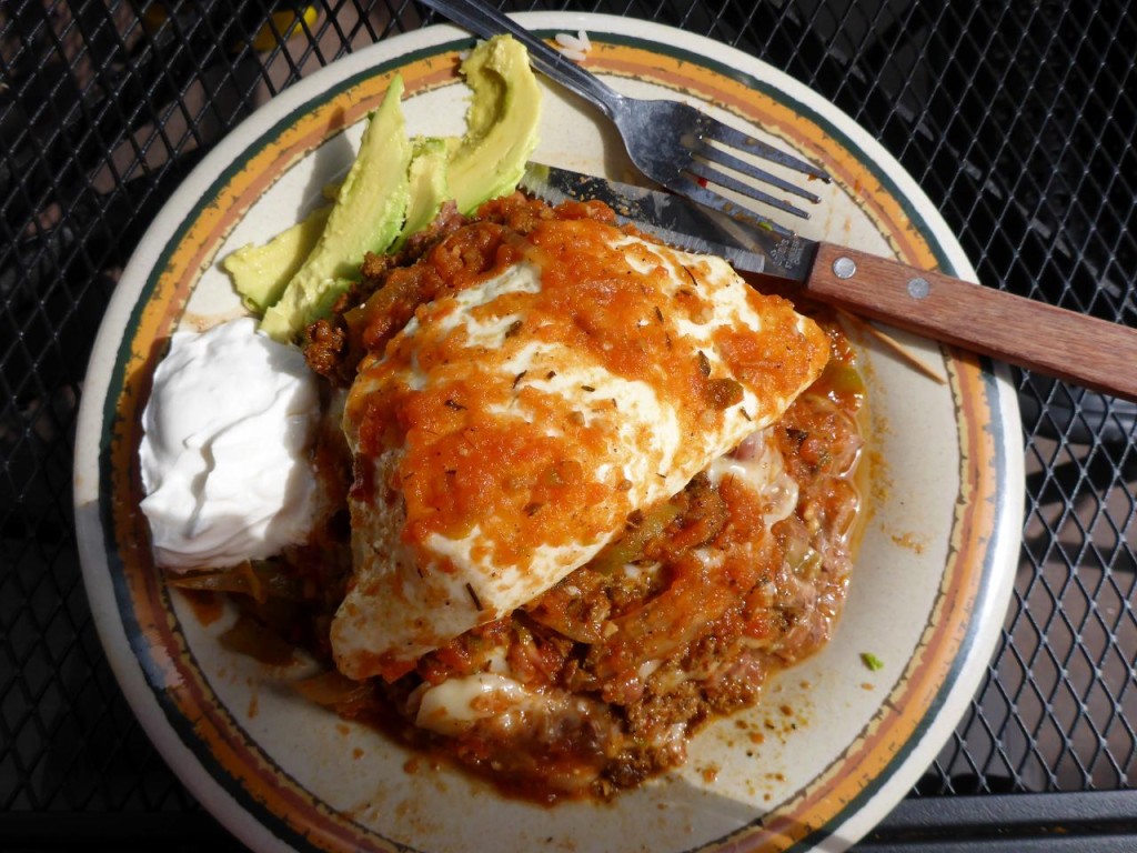 Our best huevos rancheros yet. All three of us bikers fueled on this delicious breakfast. 