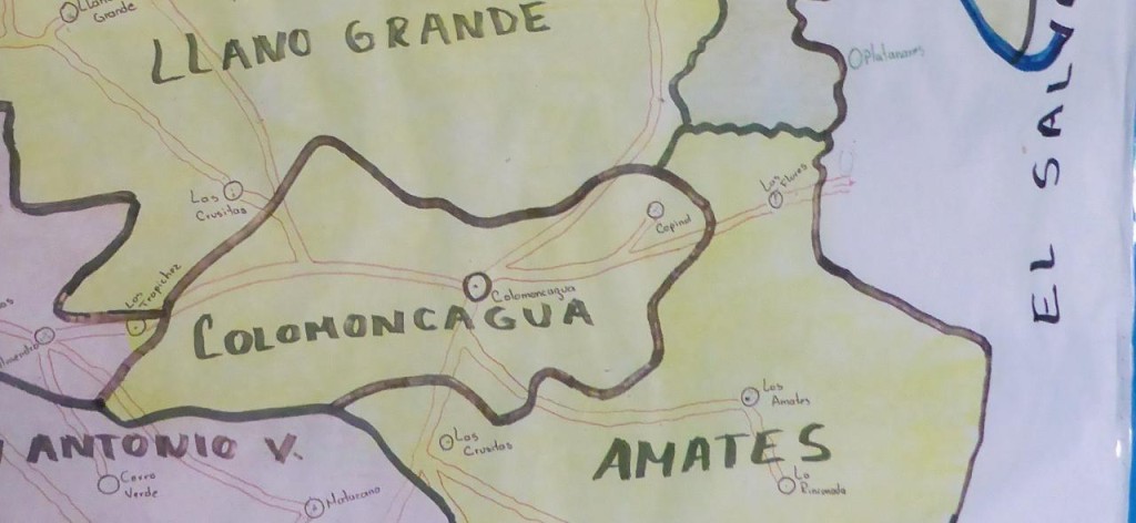 A map showing the census area we worked in Las Flores to the right of Colomoncagua. Colomoncagua means "Hills, Mountains, and Water". 