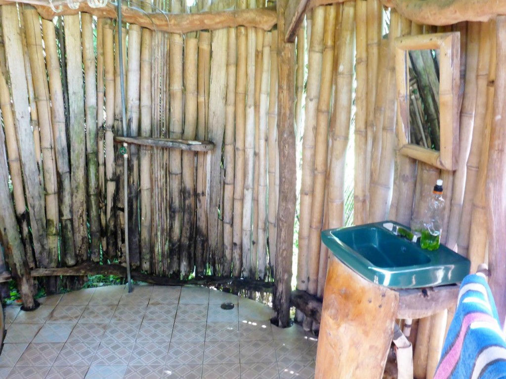 The open bathroom surrounded by bamboo and open under the roof. 