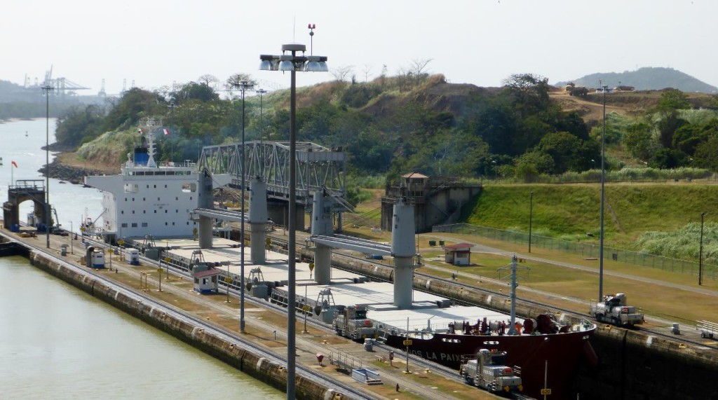 A ship transiting the Panama Canal in the Mira Flores Lock. 
