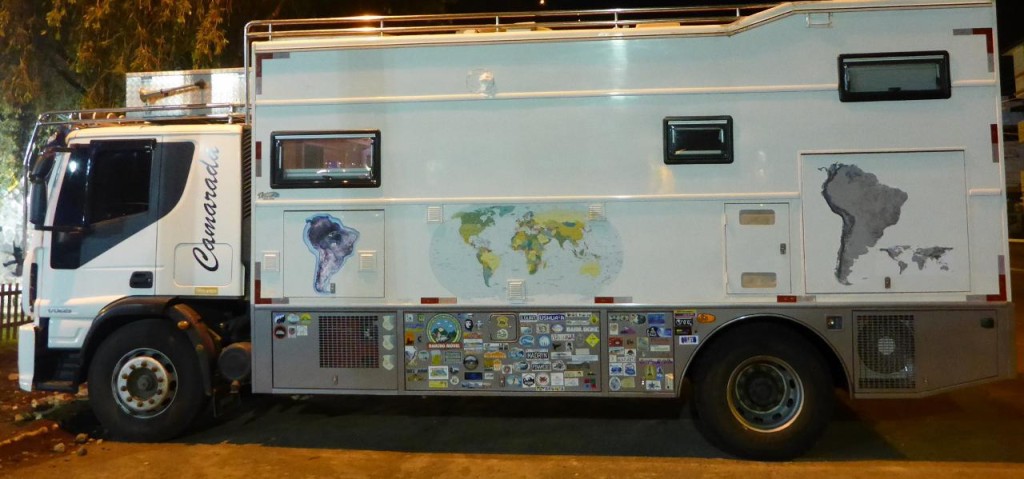 A Brazilian couple driving around the world. A little large for us. The fuel costs must be huge. 