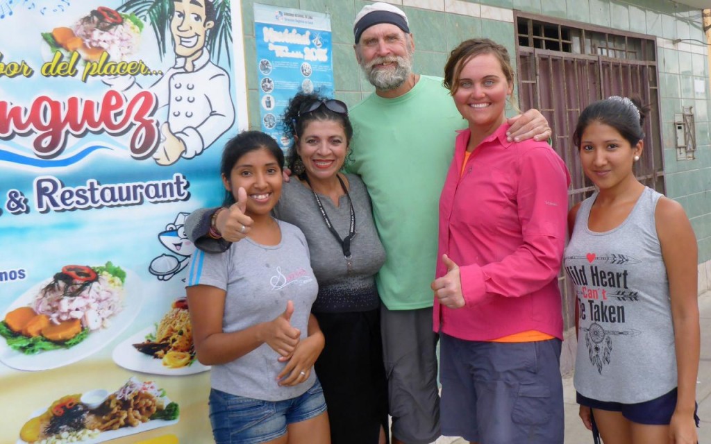 We met Elena from Puerto Rico (next to me) at the Dominquez family restaurant in Huacho along with two family members. Elena helped us with translation and was very nice to talk with. 