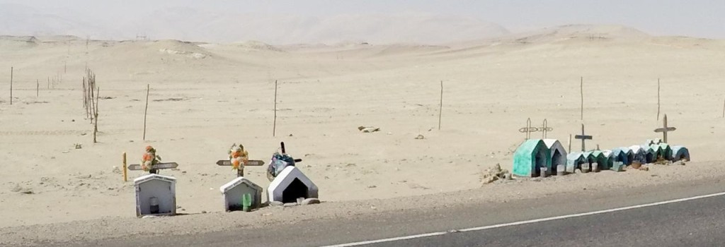 Roadside memorials are everywhere. Each little house represents one person. A huge family was lost here. Head on collisions are the frequent accident. Peru drivers are the worst we have seen around the world. 
