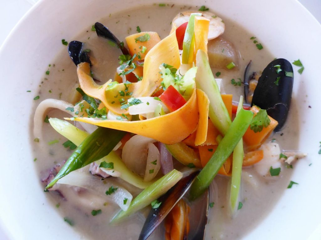 A delicious seafood chowder with scallops, abalone, squid, octopus, mussels, two kinds of fish and veggies. Our best since Spain. 